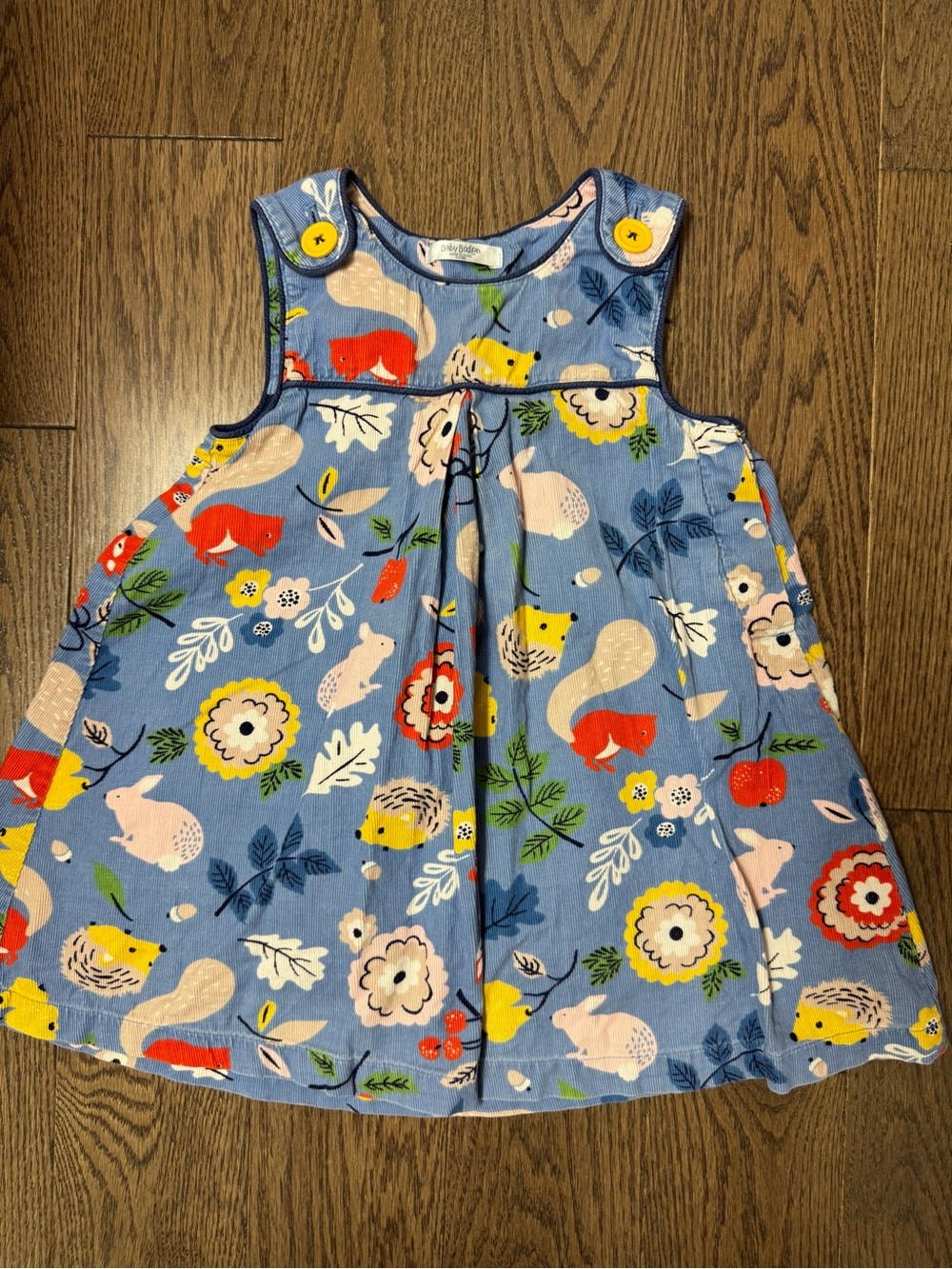 Baby Boden Blue Floral & Woodland Animal Dress with Yellow Buttons